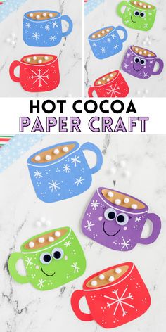 hot cocoa paper craft with coffee cups and snowflakes on the side, in different colors