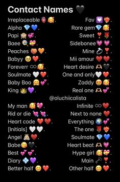 the names of different types of emoticions on a black background, with hearts and other