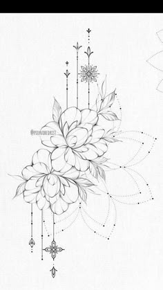 a drawing of flowers and arrows on a white background