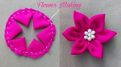 two pictures of pink fabric flowers with white stitching on the bottom and one has a flower in the middle