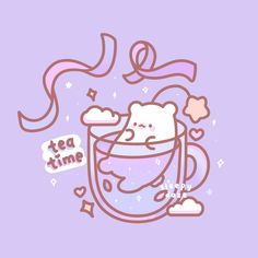 a cartoon bear in a tea cup with a pink ribbon around its neck