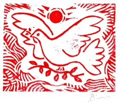 a red and white drawing of a dove with an orange ball in its beak on top