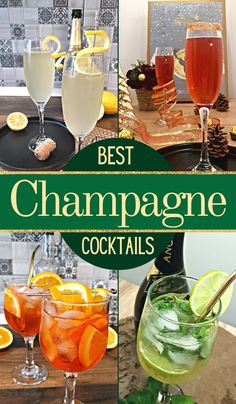 the best champagne cocktails for any type of party or celebration are on display in this collage