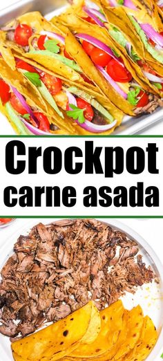 crockpot carne asada with tortilla chips on the side