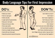 two men standing next to each other with the words body language tips for first impression