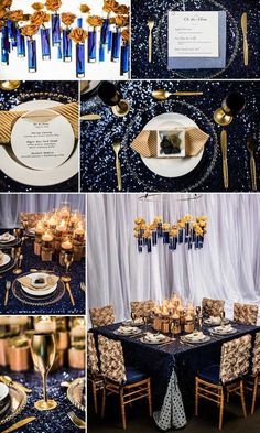 a collage of photos with gold and blue decorations on it, including black table cloths