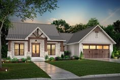 this is an artist's rendering of a house in the country style with two garages