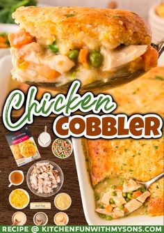 the cover of chicken cobbler is being lifted from a casserole dish