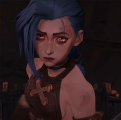 an animated character with blue hair and red eyes