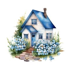 a watercolor painting of a house surrounded by blue flowers and rocks on a white background