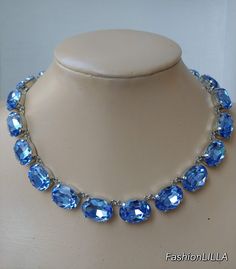 Light sapphire necklace,Anna Wintour necklace,Georgian Paste silver,blue Austrian crystal necklace,sapphire jewelry,blue statement necklace This Georgian paste style necklace is made with Austrian crystal stones, in "light sapphire" and it is complimented beautifully with the tone of the "rhodium silver" setting. It is a beautiful necklace, like the ones Anna Wintour wears. The stones are 18mmx13mm, which makes this a statement necklace.  Setting is Heavy cast German Brass, It is thick and stron Classic Jewellery, Necklace Sapphire, Czech Glass Necklace, Large Pearl Earrings, Blue Choker, Blue Statement Necklace, Heart Rings, Vogue Wedding, Diamond Cluster Earrings