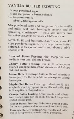 the recipe for vanilla butter frosting is shown in an open book with instructions on how to make it