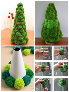 the steps to make a christmas tree out of pom - poms are shown