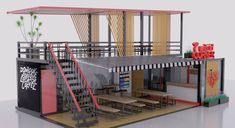 a model of a small restaurant with stairs leading up to the second floor and an awning