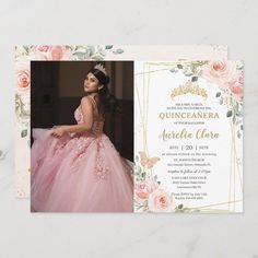 Quince Invitations With Photo, Pink Quince Invitations, Quinceanera Pink Theme, Quinceanera Invitations Ideas, Quince Invites, Dream Quinceanera, Quince Planning, Birthday Invitation Princess