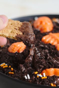 a hand holding a cookie with chocolate frosting and sprinkles