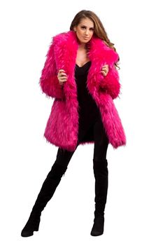 WOMEN'S SHORT DUCHESS COAT FEATURES High quality faux fur. Lined with super soft cuddle minky fabric. Collar and lapel. 2 Outside pockets at the side seams. 2 Inside deep zipper pockets at the front sides. 6" Invisible zipper ID "secret" pocket on the inside left chest lining. 3 Outside button & elastic loop closures. Inside back pack straps to wear the coat like a cape when you are hot. Length is approx. 32". Dare to stand out in a crowd in this fun, flirty, & fabulous faux fur coat? Get ready Faux Fur Coat With Faux Fur Lining, Chic Fitted Fluffy Fur Coat, Chic Fluffy Fitted Fur Coat, Fall Pink Outerwear With Feather Trim, Pink Feather Trim Outerwear For Fall, Pink Faux Fur Outerwear With Fur Trim, Fitted Fur Coat With Feather Trim, Pink Winter Outerwear With Feather Trim, Chic Pink Faux Fur Coat