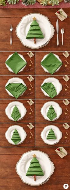 the table is set for christmas dinner with green napkins and place settings on it