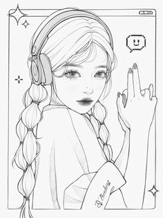 a drawing of a girl with headphones holding her hand up in front of the camera