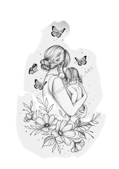 a drawing of a woman holding a child in her arms with butterflies flying above it