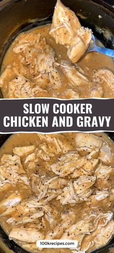 slow cooker chicken and gravy recipe in a crock pot with text overlay