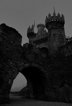 a black and white photo of an old castle with two archways leading to it