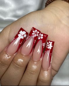 Red Hawaii acrylic nails French tip Holiday Inspo, Red Acrylic Nails, Gel Set, Summery Nails, Girly Acrylic Nails, Her Nails, Vacation Nails, Long Square Acrylic Nails, Unique Acrylic Nails