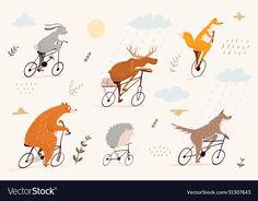 four animals riding on bicycles in the rain and sun, with one running behind them