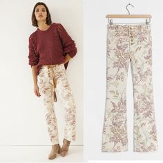 Anthropologie Pilcro Ultra High-Rise Bootcut Jeans Floral Denim Slim Flared. Feminine Size 26. High Rise Fit With Button Fly. Beautiful Mauve Pink/Purple Floral Print Cream Trousers. Has Stretch To It. Slim Flared Pants. New Without The Tags, Never Worn. Measurements With The Garment Laying Flat Waist: 14 Inches Rise: 10 Inches Inseam: 30.5 Inches Hips: About 16 Inches Anthropologie Pilcro And The Letterpress Ultra High-Rise Bootcut Jeans Floral Denim Slim Flared 26 Boho Bohemian Floral Pants Pink Mid-rise Jeans For Fall, Spring Red Non-stretch Jeans, Pink Non-stretch Jeans For Fall, Pink Floral Print Jeans For Summer, Chic Pink Jeans For Fall, Chic Pink Jeans For Spring, Red Jeans For Spring, Pink Jeans For Spring, Rust Jeans