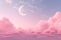 there is a pink sky with clouds and a half moon