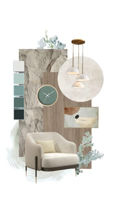 an interior design board with furniture and decor