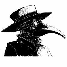 a black and white drawing of a person wearing a hat with a crow on it