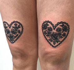 two legs with tattoos on them that have hearts and roses in the shape of a heart