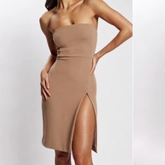 New With Tags Meshki Formal Dress - Slit In Front Brown Size 6 Wrap Around Heels, Colorful Dresses Formal, White Halter Dress, The Rachel, Strapless Bandeau, Strapless Neckline, Corset Mini Dress, Linen Mini Dress, Bandeau Dress