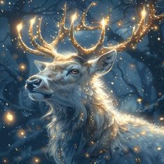 a painting of a deer with glowing antlers on it's head