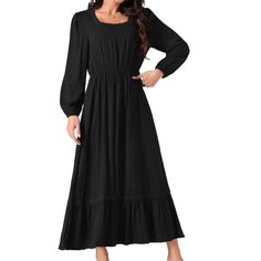 This dress features a square neck, long sleeves, tiered design, crochet insert detail, and two pockets, making it a versatile addition to your wardrobe. The casual A-line maxi dress is made from 100% Rayon, ensuring a soft and comfortable feel all day long. Whether you're attending a wedding, a beach party, or a casual family gathering, this dress is ideal for various occasions. Pair it with high heels, a handbag, or other accessories to create trendy looks. The elegant ruffled design and hollow Winter Black A-line Maxi Dress, Black Cotton Long Sleeve Maxi Dress, Cheap Black A-line Maxi Dress, Flowy Black Maxi Dress With V-neck, Black Cotton V-neck Maxi Dress, A Line Maxi Dress, Midi Slip Dress, Mini Slip Dress, Women Maxi