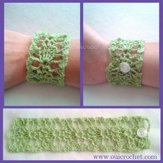 crocheted bracelets with buttons on them are shown in three different pictures, one is green and the other is white