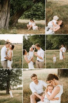 a collage of photos shows a man and woman holding their baby in front of a tree