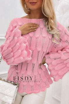 Fisdy - Tops de cuello redondo en color rosa para un estilo sin esfuerzo Crochet Feather, Textured Knit Sweater, Pullover Mode, Bell Sleeve Sweater, Boatneck Sweater, Knitting Women Sweater, Loose Sweater, Women Sleeve, Textured Knit