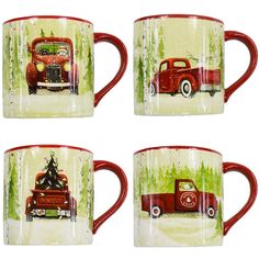 four red coffee mugs with an image of a truck and christmas tree on them