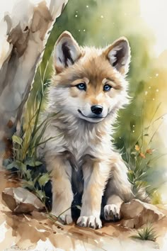 a watercolor painting of a little fox cub sitting on the ground next to a tree