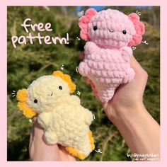 two small crocheted stuffed animals are being held by someone's hand with the caption free pattern