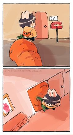 two comics depicting an orange couch and a man with a hat on it's head