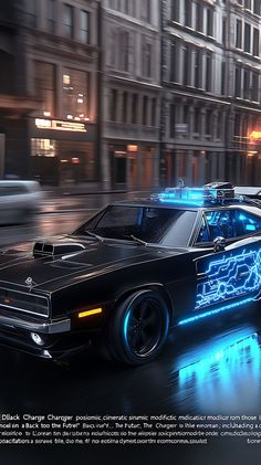 A black 1970 Dodge Charger positioned in a dynamic, cinematic style similar to the DeLorean from 'Back to the Future'. The Charger is equipped with futuristic modifications like those on the DeLorean, including a visible flux capacitor inside, blue electrical energy effects, and retro sci-fi elements. The environment around the car is a mix of urban and futuristic settings, with dramatic lighting that highlights the unique features of the vehicle.