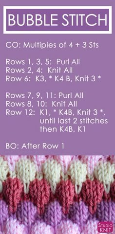 the knitting pattern for bubble stitch is shown in purple, pink and white