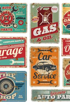 an assortment of vintage garage signs