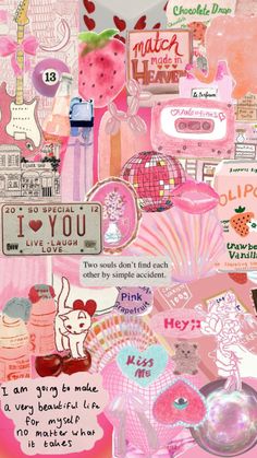 a collage of pink and red items with words on them, including an i love you sticker