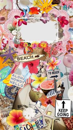 a collage of beach themed items with a white sign