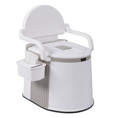 a white commode sitting on top of a trash can with a tissue dispenser