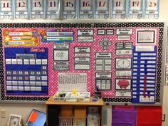 a bulletin board with lots of writing on it and some pictures hanging above the desk